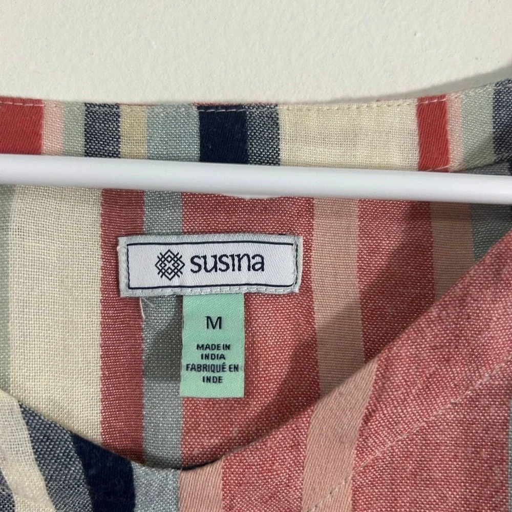 Susina Women's Multicolor Striped Blouse M V-Neck Ruffle Sleeves Casual